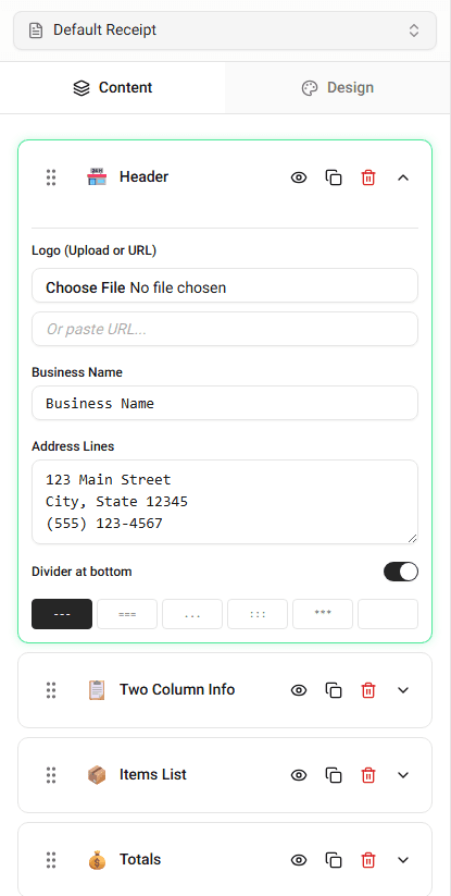 Design tab with font, paper style, and width settings