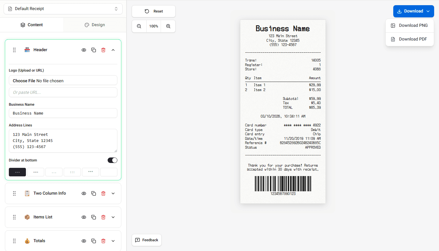 Download dropdown showing PNG and PDF export options