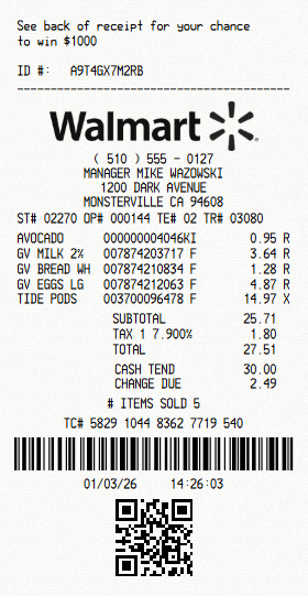 Example receipt output
