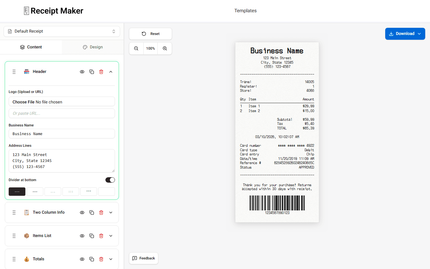 The Receipt Maker builder interface