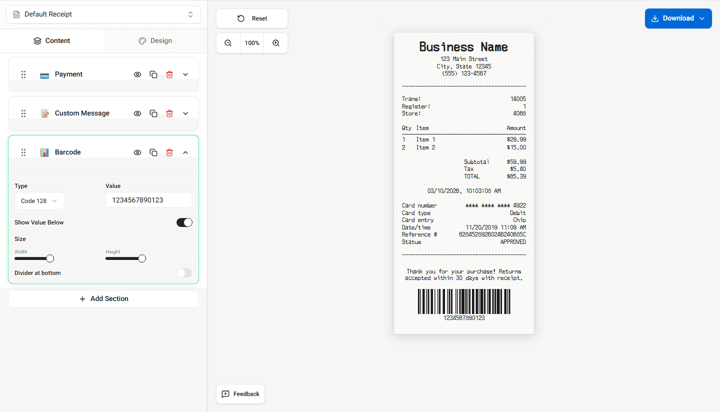 Receipt preview showing a barcode