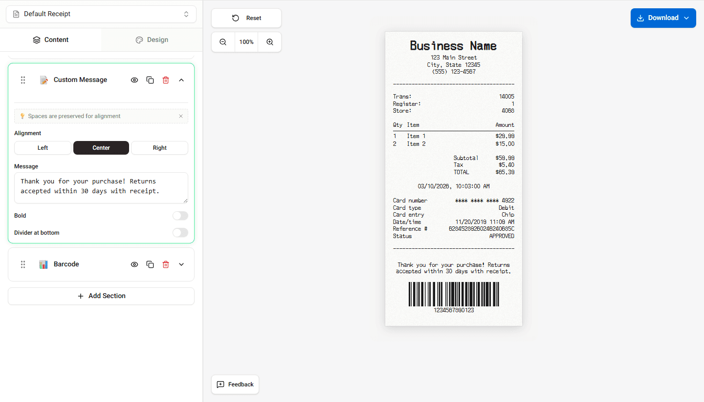 Receipt preview showing a custom text section