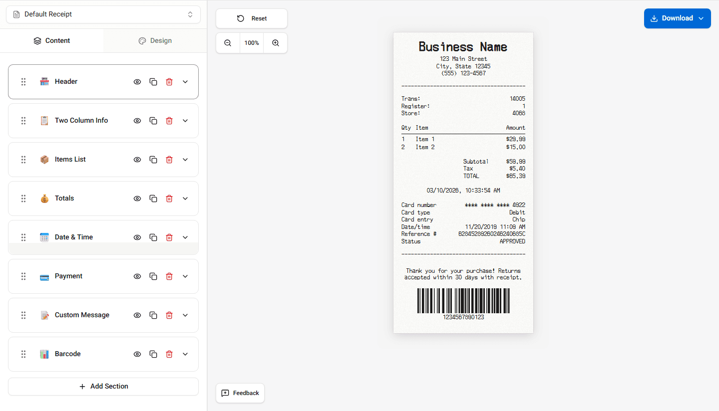 Receipt preview showing the store address