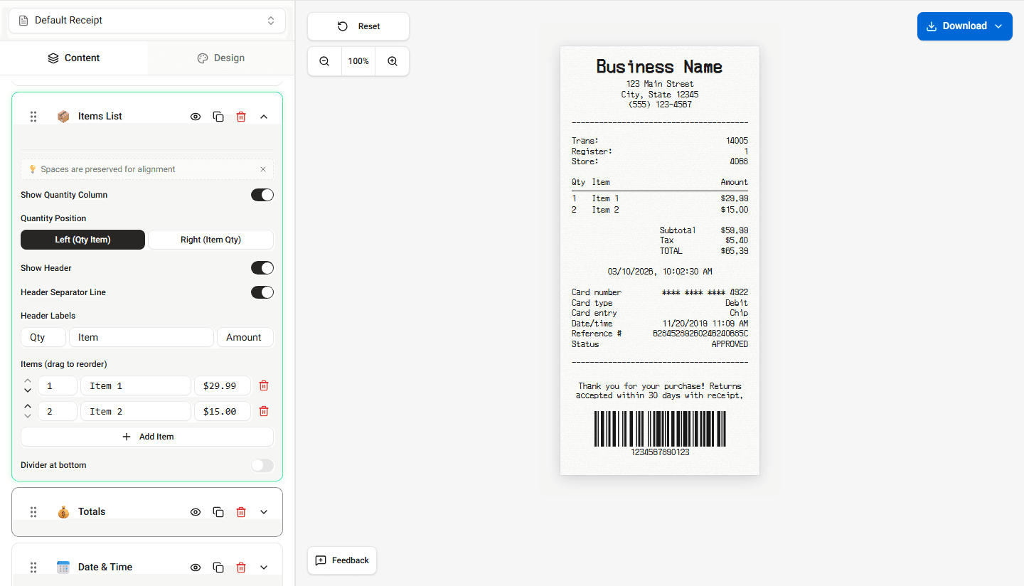 Receipt preview showing item columns layout