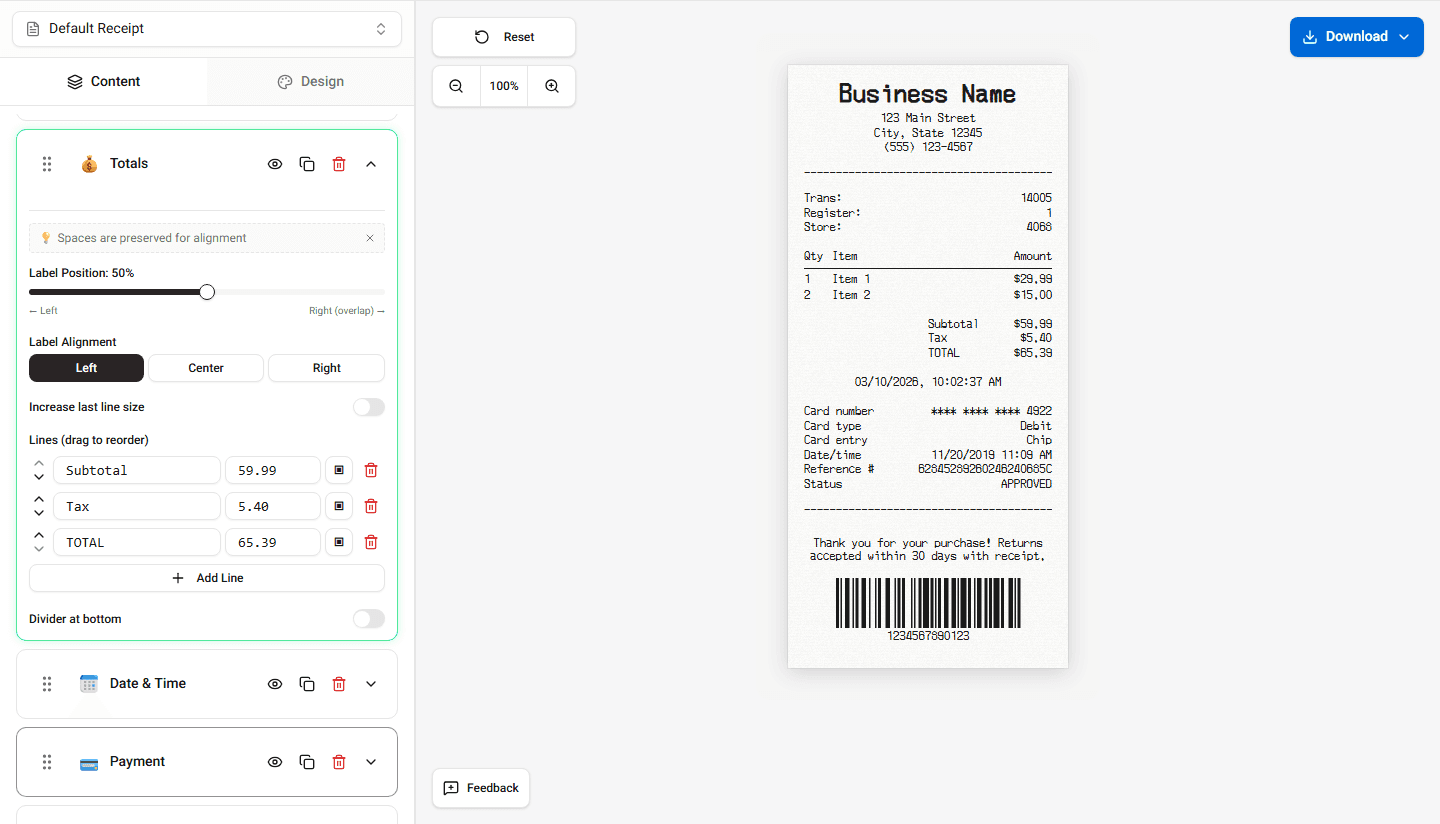 Receipt preview showing multiple tax lines