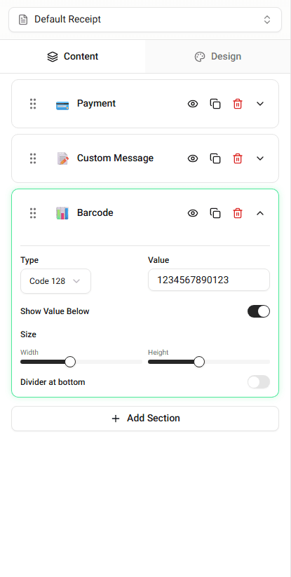 Barcode section editor with value and type fields