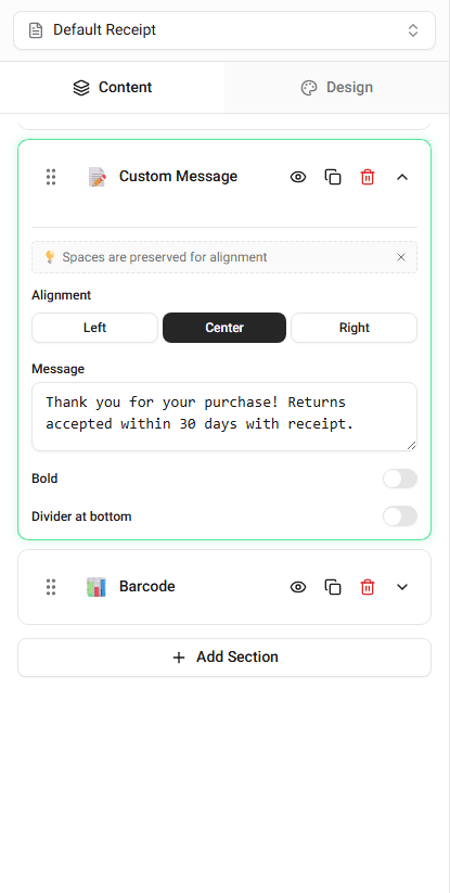 Custom Message section editor
