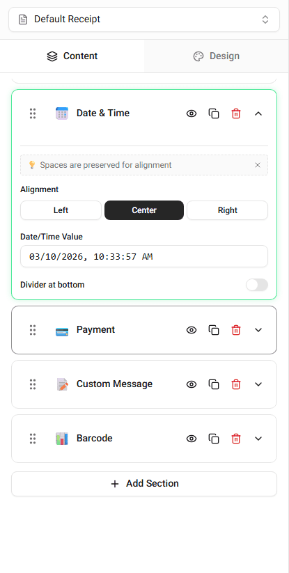 Date field in the Date & Time section editor