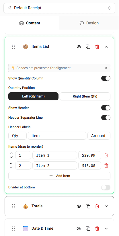 Item controls for duplicating and reordering
