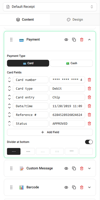 Payment details fields in the Payment section