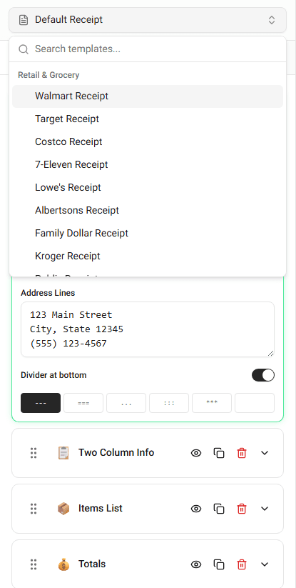 Template dropdown expanded showing available templates